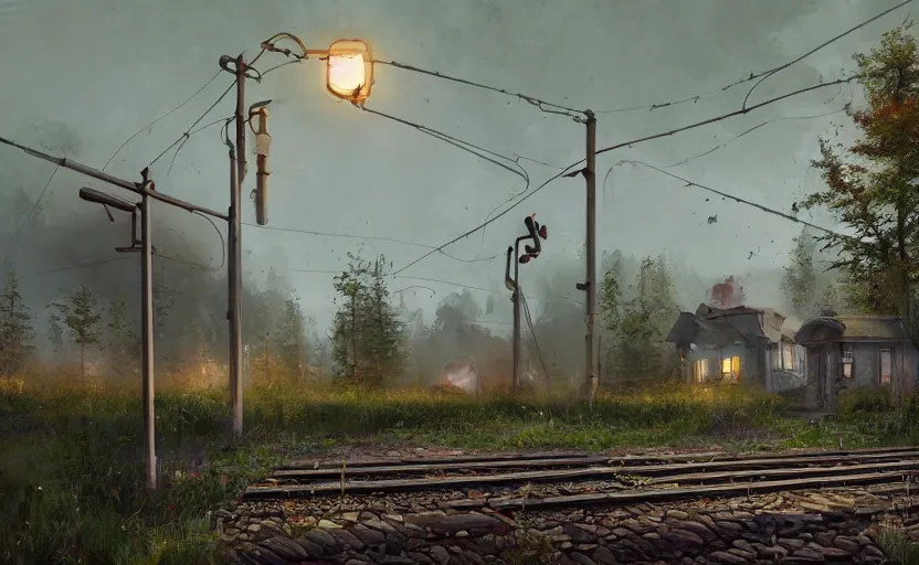 Image similar to An abandoned train station by Simon Stalenhag and Walt Disney, hyperrealism art, cinematic lighting, overgrown swedish urban landscape, disney concept art, 8k resolution, trending on artstation