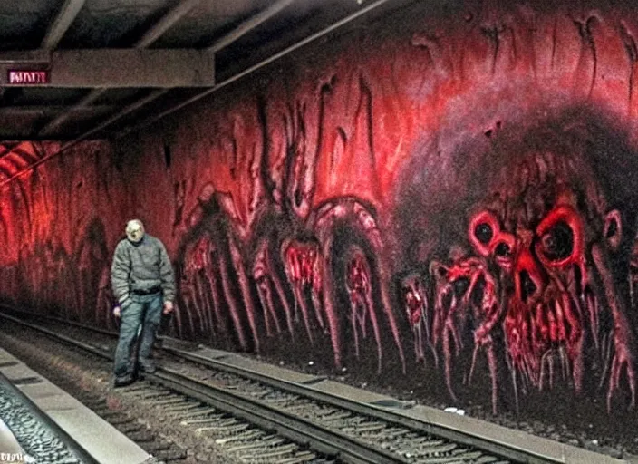 Prompt: very large giant mutant zombie irradiated ( angry rat ) staying on railways in tonnel of moscow subway. extreme high detail, very realistic. extreme long shot, low dark light, scary mood. hermann nitsch.