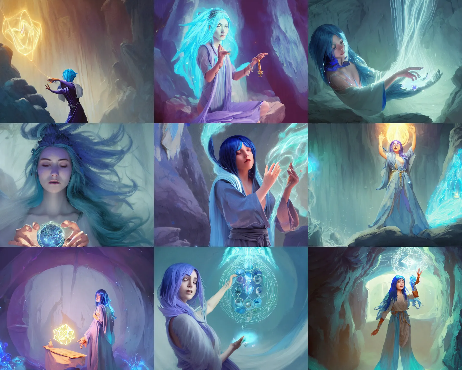 Prompt: blue haired female with flowing robes casting a magic spell, floating symbols and crystals, a hovering open spellbook, cave, dnd, rpg, cosplay, fantasy, artstation, highly detailed, cinematic composition, dramatic lighting, trending, masterpiece, by ilya kuvshinov and jeremy lipking and quentin mabille, 8 k hd