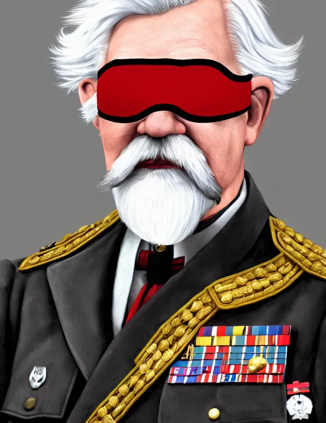 Image similar to a portrait of colonel sanders wearing a military uniform and a black eyepatch over his left eye, by moebius and tyler edlin and hr giger, trending on artstation, digital art, 4 k resolution, detailed, high quality, sharp focus, hq artwork, coherent, insane detail, concept art