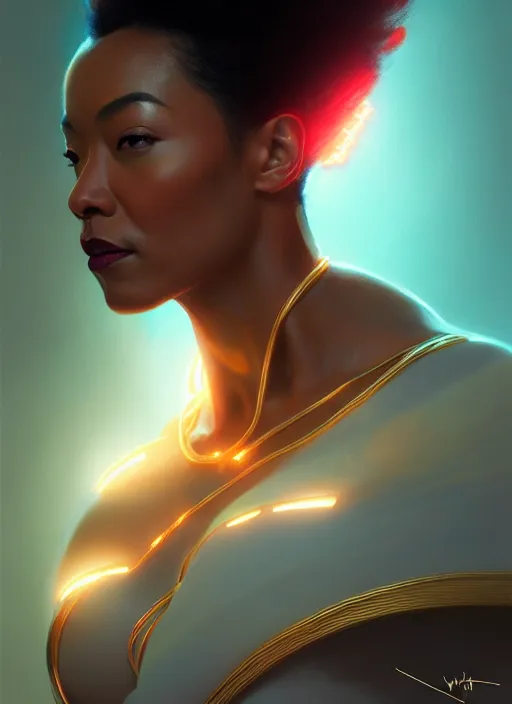 Prompt: portrait of modern darna, sonequa martin - green, intricate, elegant, glowing lights, highly detailed, digital painting, artstation, glamor pose, concept art, smooth, sharp focus, illustration, art by wlop, mars ravelo and greg rutkowski