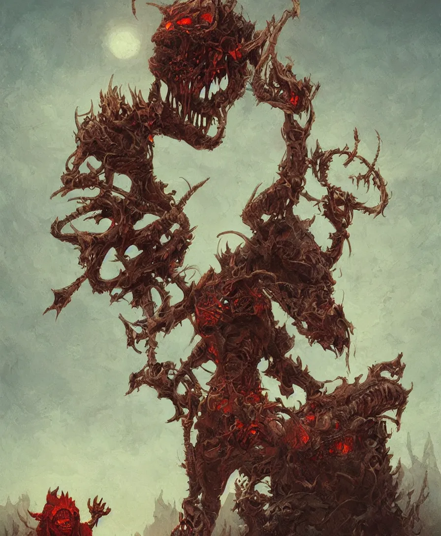 Image similar to devil holding a skull on hand, illustrated by Simon Stålenhag and Gaston Bussiere, intricate, ultra detailed, photorealistic, trending on artstation