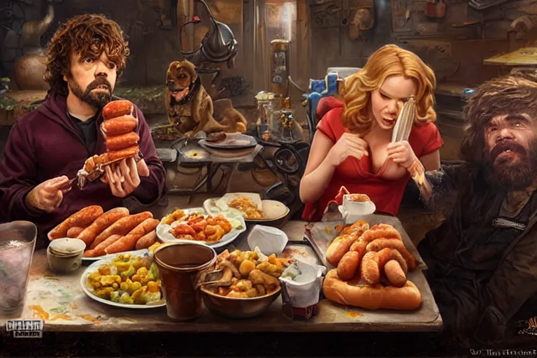 Image similar to portrait of peter dinklage sharing hotdogs with scarlett johansson, an oil painting by ross tran and thomas kincade