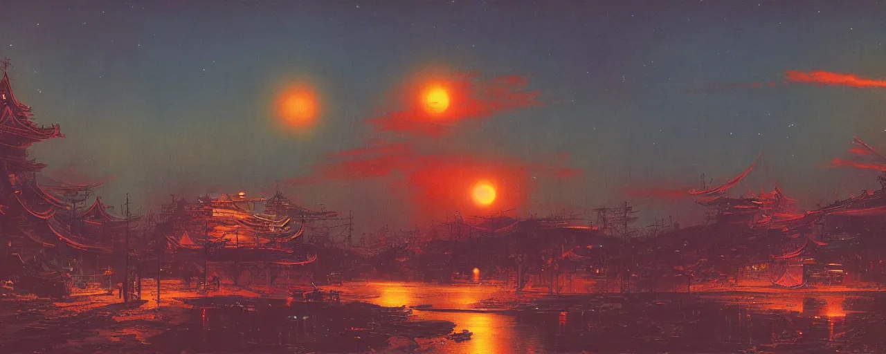 Image similar to awe inspiring bruce pennington landscape, digital art painting of 1 9 6 0 s, old japan at night, 4 k, matte