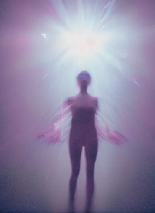 Image similar to a symmetrical female astral projection, liquid glowing aura, heavenly, motion blur, film grain, cinematic lighting, experimental film, shot on 1 6 mm