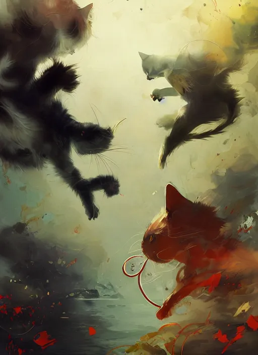 Image similar to surreal gouache gesture painting, by yoshitaka amano, by ruan jia, by Conrad roset, by dofus online artists, detailed render of cats fighting,cats, felines, meow, cats, portrait, cgsociety, artstation, rococo mechanical, Digital reality, sf5 ink style, dieselpunk atmosphere, gesture drawn