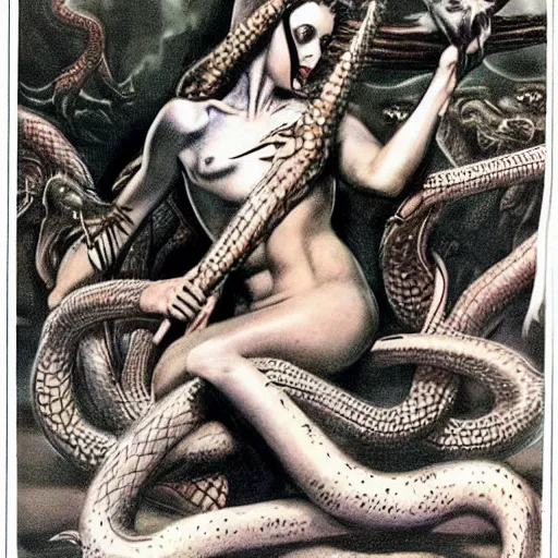 Prompt: illustrated by Boris Vallejo and H.R. Giger | Beautuful vintage photo of a warrior-girls with snakes and demons surrounded