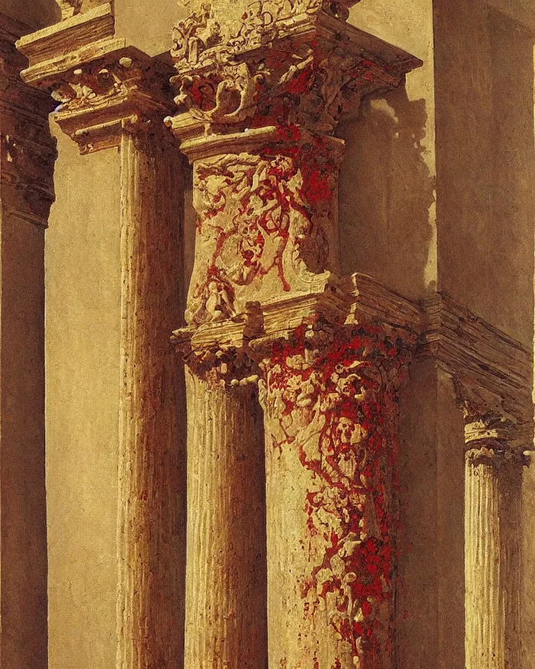 Prompt: achingly beautiful painting of intricate ancient roman corinthian capital on ruby background by rene magritte, monet, and turner. giovanni battista piranesi.