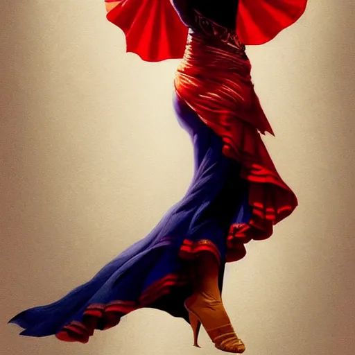 Prompt: female flamenco dancer, spotlight, highly detailed, digital painting, artstation, concept art, smooth, sharp focus, illustration, cinematic lighting, art by artgerm and greg rutkowski and alphonse mucha