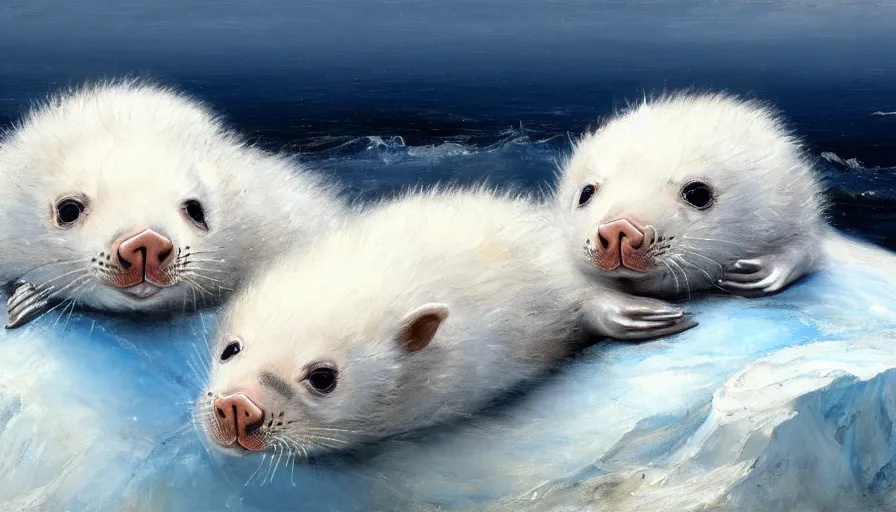 Prompt: highly detailed painting of cute furry white baby seal piglets cuddling into each other on a blue and white iceberg by william turner, by greg rutkowski, by william constable, thick brush strokes and visible paint layers, 4 k resolution