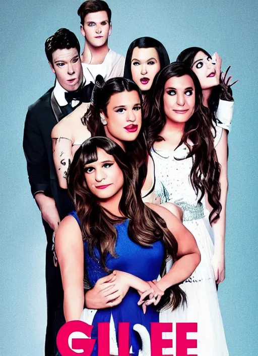 Image similar to glee sequel poster where rachel berry is the villain, evil, lea michele, with text, airing in 2 0 2 3