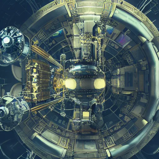Prompt: Steampunk chemical nuclear reactor space ship space station, award winning 4K photography volumetric lighting high detail render digital cinematic trending on artstation