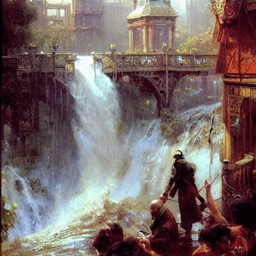 Image similar to waterfall flooding an entire city. victorian age. highly detailed painting by gaston bussiere, craig mullins, j. c. leyendecker