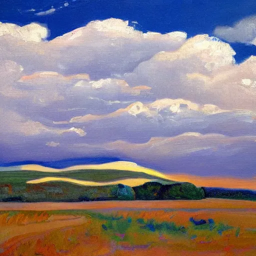 Prompt: In this painting, the artist has created a beautiful and evocative image of the American landscape. The rich and vibrant colours of the sky and earth are offset by the stark white of the clouds, creating a sense of movement and energy. The composition is simple and elegant, with the horizon line bisecting the canvas and the clouds seeming to float in the air. There is a sense of calm and serenity in the painting, which is enhanced by the soft, gentle light. This is a beautiful and atmospheric painting which captures the essence of the American landscape. khatam inlay, kokedama by Jessica Rossier