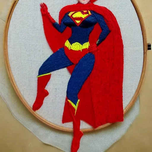 Prompt: a beautiful handmade embroidery of a woman dressed as a superhero. hand embroidery.