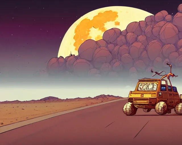 Prompt: a study of cell shaded cartoon of a six legged mechanical coyote on a desert road, in front of a big moon illustration, wide shot, subtle colors, post grunge, concept art by josan gonzales and wlop, david rubin, mike mignola, laurie greasley, highly detailed, sharp focus, trending on artstation, hq, deviantart, art by artgem