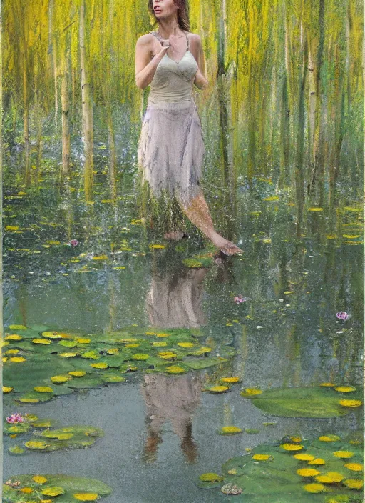 Image similar to full body portrait of a beautiful woman wading knee height in a shallow pond, obscured by water lilies, aspen grove in the background, by Jeremy Mann, stylized, detailed, loose brush strokes, pastel colors, green and yellow tones