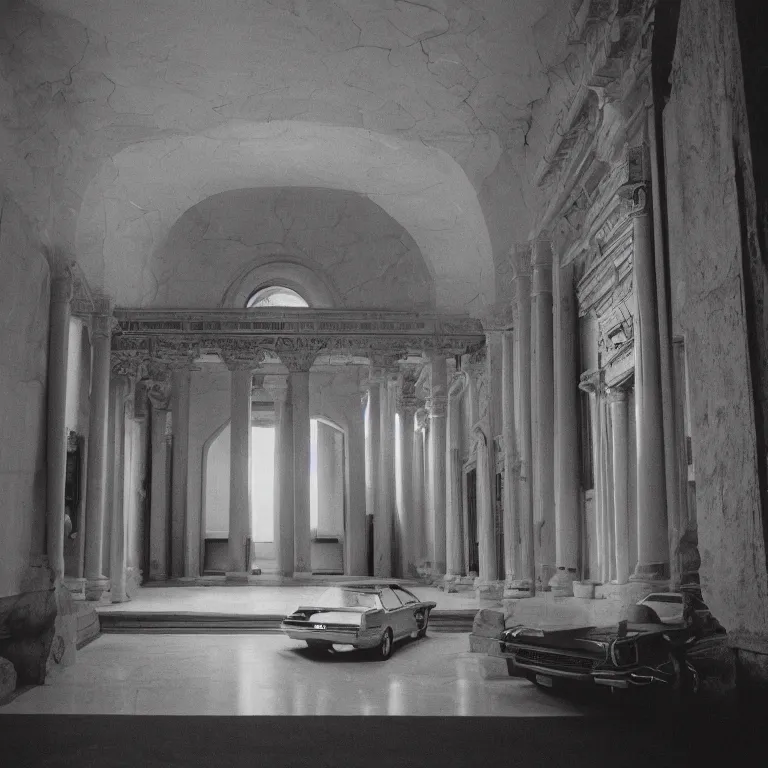 Image similar to 1 9 7 0 s car inside a marble temple, film photo, soft lighting album cover, nostalgia, gradient, light reflection