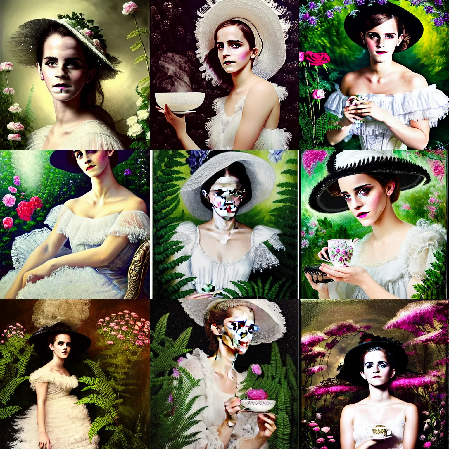 Prompt: full body model emma watson smokey eyes makeup eye shadow textured film grain oil on canvas fantasy, glow, shimmer as victorian woman in a long white frilly lace dress and a large white hat having tea in a sunroom filled with flowers, roses and lush fern flowers ,intricate, night, highly detailed, dramatic lighting , high quality