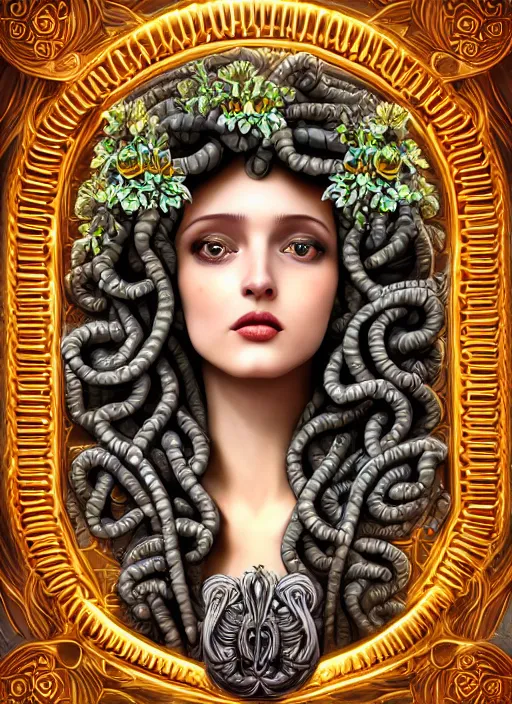 Image similar to professionally-made ultradetailed ornate award winning masterpiece RPG character portrait of beautiful symmetrical art deco Medusa radiating glowing aura, fully clothed with a flowery dress, digital airbrush painting, 3d rim light, hyperrealistic, artstation, cgsociety, kodakchrome, golden ratio, 1985