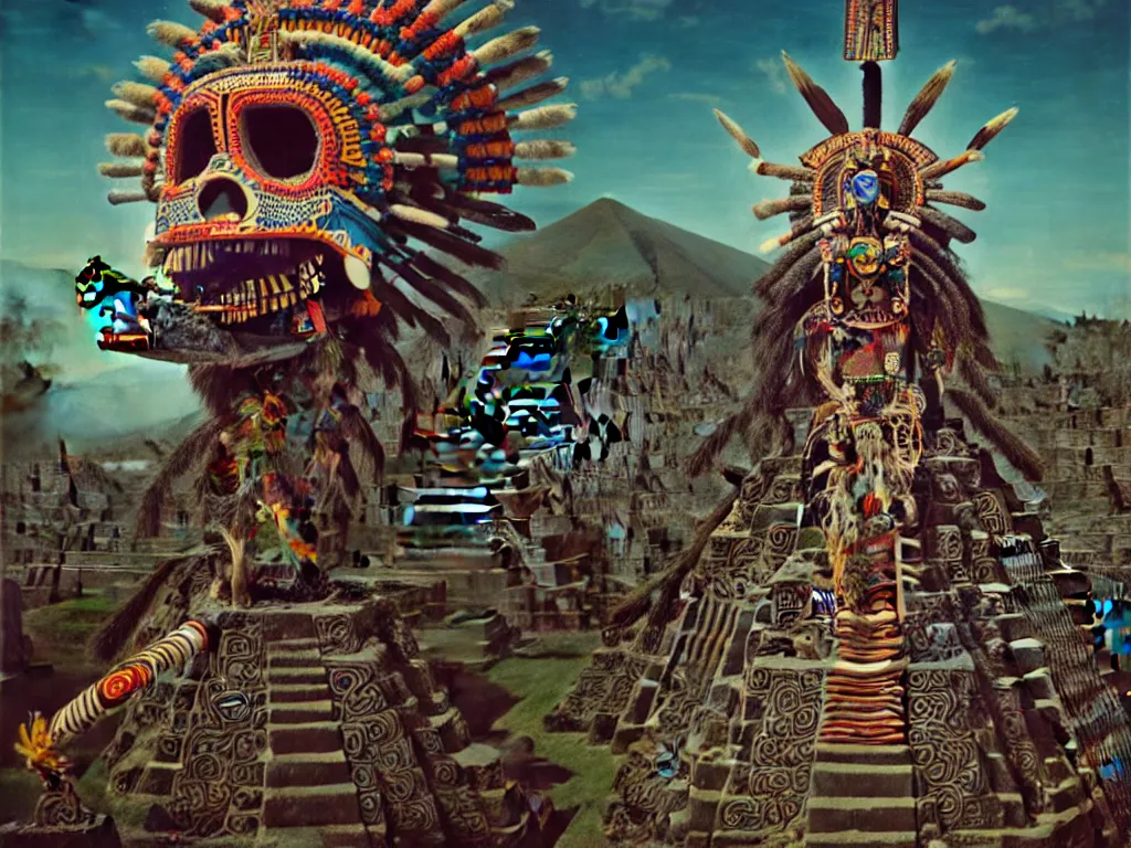 Image similar to highly detailed photo of huitzilopochtli, cipactli, tezcatlipoca, itzlacoliuhqui - ixquimilli, trending on deviantart, neo surrealism, sharp focus, a lot of little details, octane, masterpiece, art by max ernst