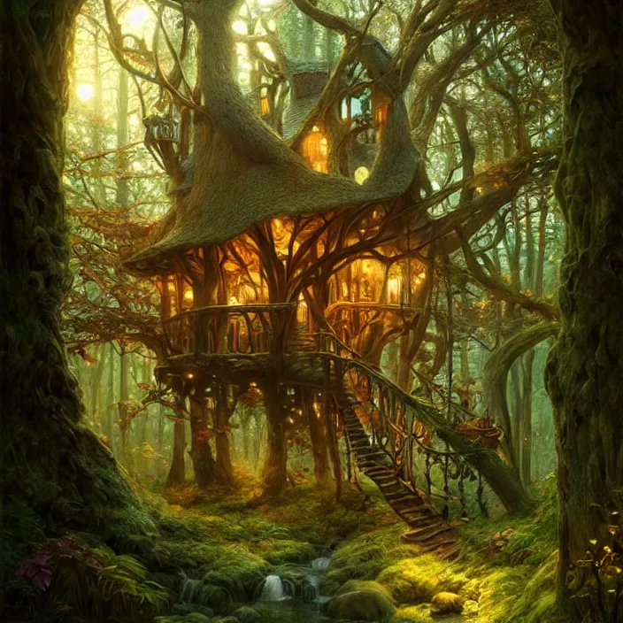 Image similar to cozy enchanted treehouse in ancient forest , diffuse lighting, fantasy, intricate, elegant, highly detailed, lifelike, photorealistic, digital painting, artstation, illustration, concept art, smooth, sharp focus, art by John Collier and Albert Aublet and Krenz Cushart and Artem Demura and Alphonse Mucha