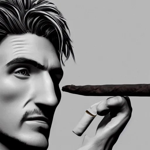 Image similar to a closeup photo of handsome gigachad xqc smoking a cigar, 8k photorealism, extremly detailed, trending on artstation