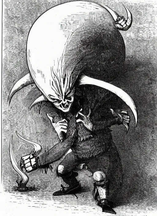 Image similar to illustration of dr. robotnik as a demon from the dictionarre infernal, etching by louis le breton, 1 8 6 9, 1 2 0 0 dpi scan, ultrasharp detail, clean scan