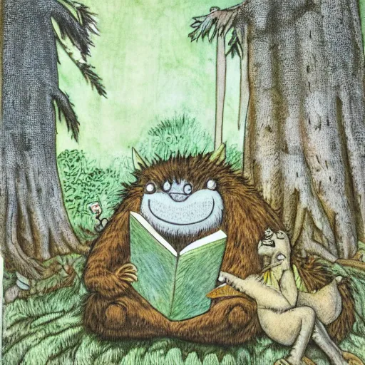 Image similar to monster reading a book in a forest, where the wild things are, bicycle, log, oil on canvas, calm, maurice sendak