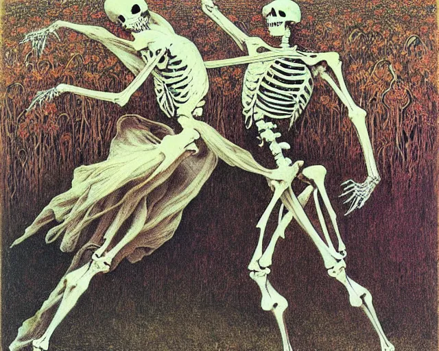 Image similar to eastern european springtime skeleton dancing danse macabre by zdzisław beksinski and gustave dore and alphonse mucha