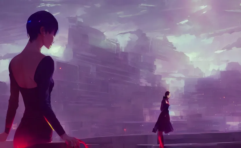 Prompt: beautiful Vietnamese woman, sci-fi fashion, buzz cut hair, scene of a city, dramatic light, wide angle, dramatic pose, dramatic angle , 8k hdr pixiv by Makoto Shinkai and Wojtek Fus