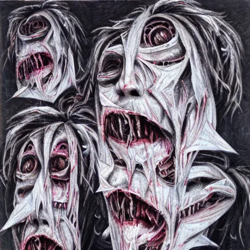 Image similar to multiple faces shredded like paper masks screaming, dark horror, surreal, drawing, painting, oil painting