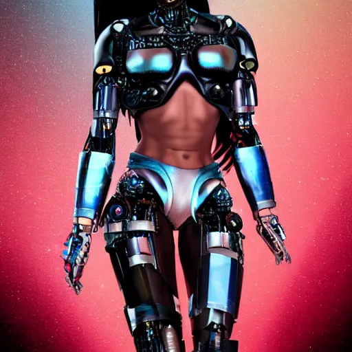 Prompt: full body portrait of the muscular Caribbean Android Queen, by DC comics and Sandra Chevrier and beeple, artstation, volumetric lighting and fog, hyperrealism, hyper detailed futuristic royalty, award winning costume design, cybernetic bionic ancient cyborg, fashion show runway, futuristic fine textures, woven with electricity, high fashion superpowers, floating dust particles, bokeh, mystic haze, 4k UHD, HDR