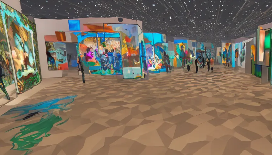 Prompt: POV Vrchat video game about exploring a innovative creative culture museum art gallery exhibit of immersive digital interactive Gucci mini futuristic eco city installations,