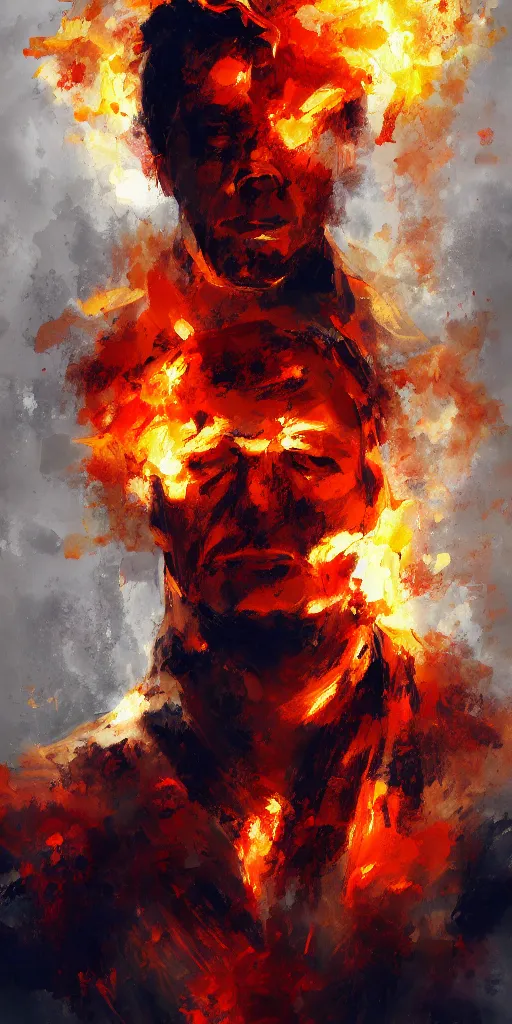 Image similar to abstrsct painting of man on fire, by craig mullins, featured on artstation. Portrait.