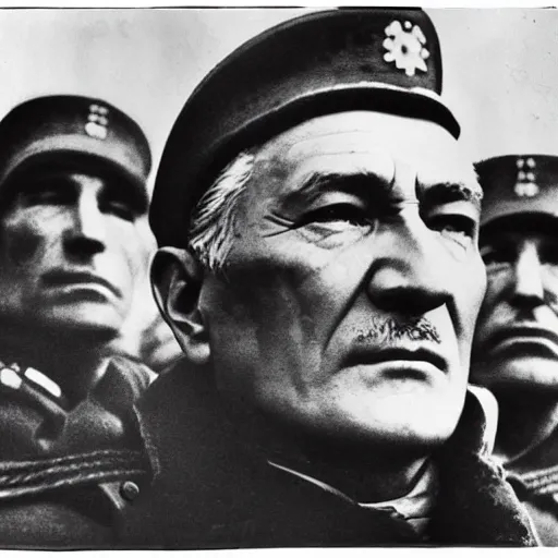 Image similar to close - up portrait of ataturk at the salvation war with many soldiers behind photographed by ara guler