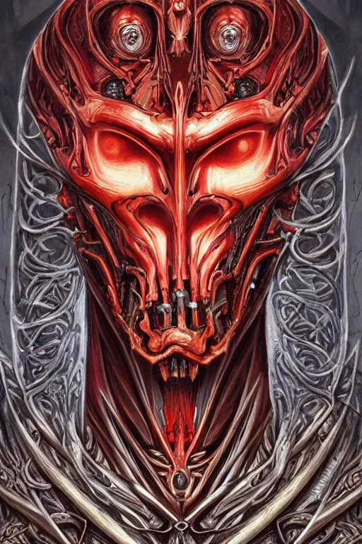 Image similar to Elden Ring and Star Wars themed painting of majestic crimson biomechanical satanic infernal demon human hybrid beautiful undead angel symmetrical angry mask closeup face angry mask closeup tattoo pattern golden ratio concept, Neo-Gothic concept, infinity glyph waves, intricate artwork masterpiece, very coherent artwork, cinematic, full frontal facial features by Artgerm, art by H.R. Giger, Takato Yamamoto, Zdizslaw Beksinski, Johnatan Wayshak, Moebius, Ayami Kojima, very anatomically coherent artwork, trending on cgsociety, ultra high quality model, production quality cinema model, high detail chromatic ink outline, octane render, unreal engine 8k, hyper realism, high detail, octane render, unreal engine, 8k, High contrast