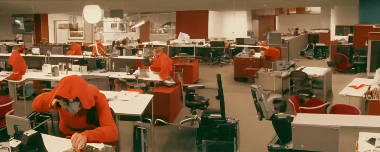 Image similar to security cam footage of someone with their head on spaghetti at their desk, at work, kodachrome, in the style of wes anderson, retro!! no repeat!!