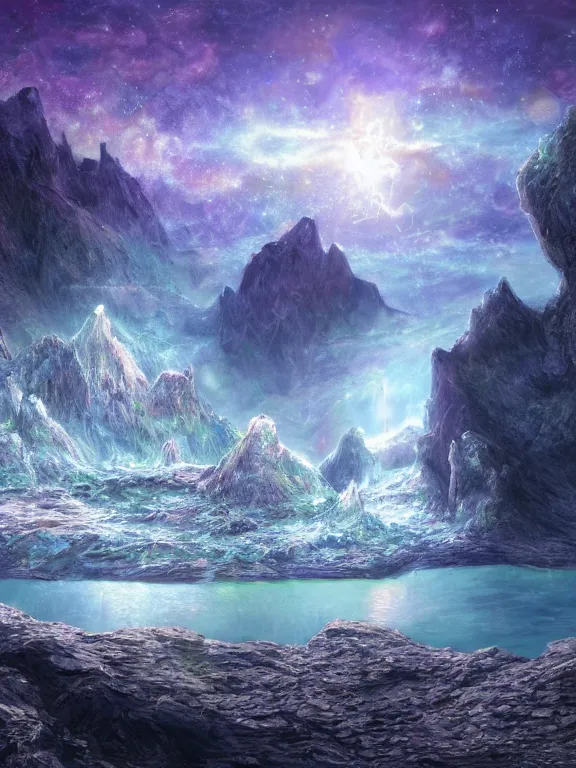 Prompt: a ultradetailed beautiful concept art of the crystal formation of the prismatic crystal of hope is filled with the wonderful colors of the emotion around it in a forgotten cave lighten by the moon light and reflecting on the surface of a quiet lake, concept art, high resolution 4 k, by artgeem