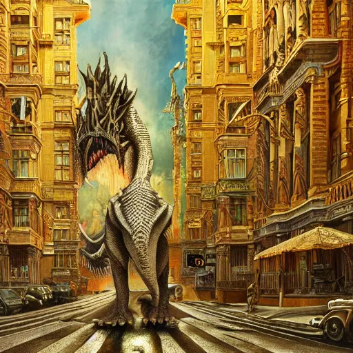 Image similar to reptilian beast walks through the center of a city, extremely detailed oil painting, 1 9 2 0's colored pencil, highly detailed, highly accurate, deep aesthetic, 8 k, highly ornate intricate details, cinematic lighting, rich colors, beautiful scenic view, ray tracing, hyperrealistic, photorealistic, cinematic landscape, trending on artstation, concept art,