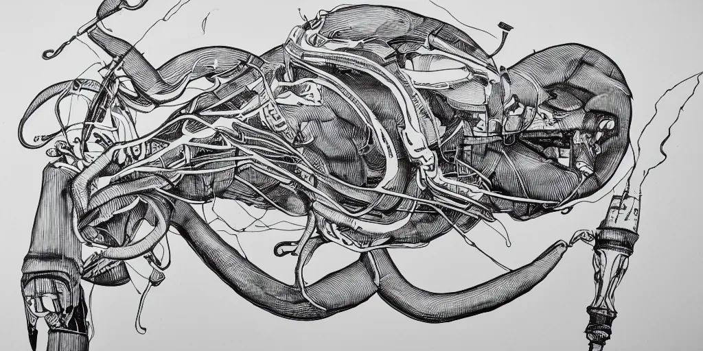 Image similar to ultra precise fineliner drawing of a machine which embeds a man inside a squid, minimal injury, maximal squidification. black marker pen on white gloss paper. gallery quality, winner of nobel prize for insanity