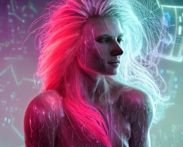 Image similar to glowing hair, complex cybernetic beings, beautiful hairy humanoids, cybermagnetosphere, cybernetic civilizations, ornate hair, love, joy, vortexes, large arrays, data holograms, 8 k, cinematic light shadows, wet hdr refractions, *, * * *, * * * * *