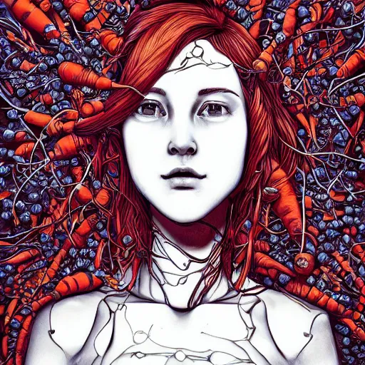 Prompt: the head of a beautiful red haired woman partially made of carrots and blueberries looking up, an ultrafine detailed illustration by james jean, final fantasy, intricate linework, bright colors, behance contest winner, vanitas, angular, altermodern, unreal engine 5 highly rendered, global illumination, radiant light, detailed and intricate environment