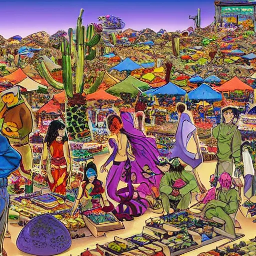 Prompt: a beautiful painting of a desert marketplace filled with alien people by hirohiko araki, detailed line art, jojos bizarre adventure