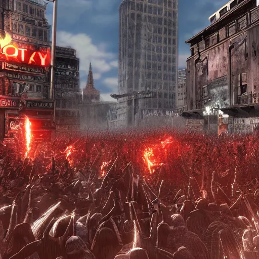 Prompt: city of hell, heavy metal rock city of hell, people in the city headbanging and marching like they do in a moshpit, realistic, hdr, clear image, hdd, dynamic lighting, rtx on,