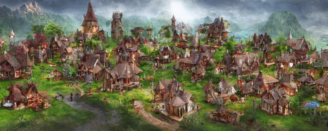 Prompt: photo of a fantasy village