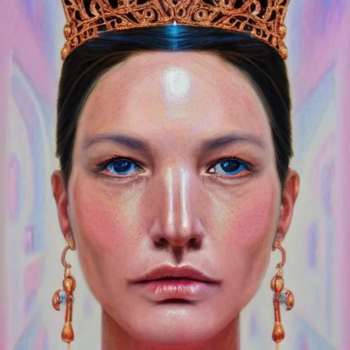 Prompt: Intricate five star Beautiful Royal Queen facial portrait by Monica Lee, Colored pencil on paper, high detail, skin texture, photo realistic, hyperrealism,matte finish, high contrast, 3d depth, masterpiece, vivid colors, artstationhd