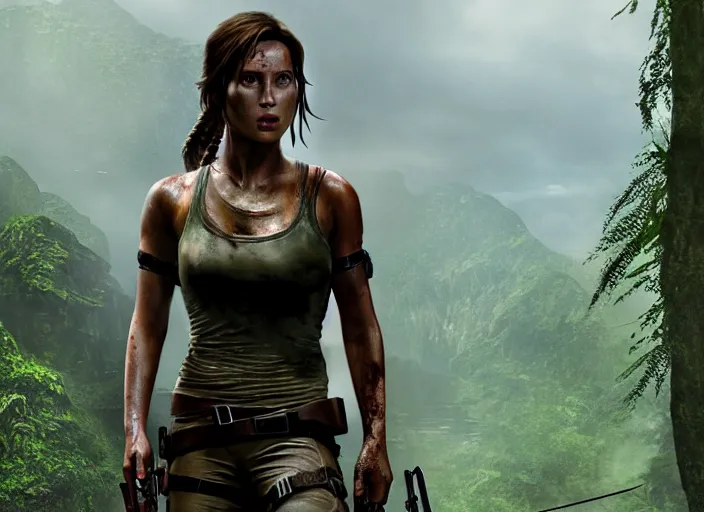 Image similar to film still of!!!! daisy edgar - jones!!! as lara croft in new tomb raider movie, 8 k