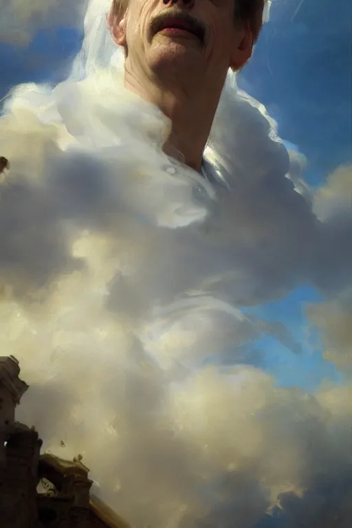 Image similar to beautiful detailed expressive impressionistic oil painting portrait of ancient roman god emperor steve buscemi ascending into the clouds wearing the civic crown, renaissance painting, art by anders zorn, wonderful masterpiece by greg rutkowski, expressive brush strokes, beautiful cinematic light, american romanticism by greg manchess, jessica rossier