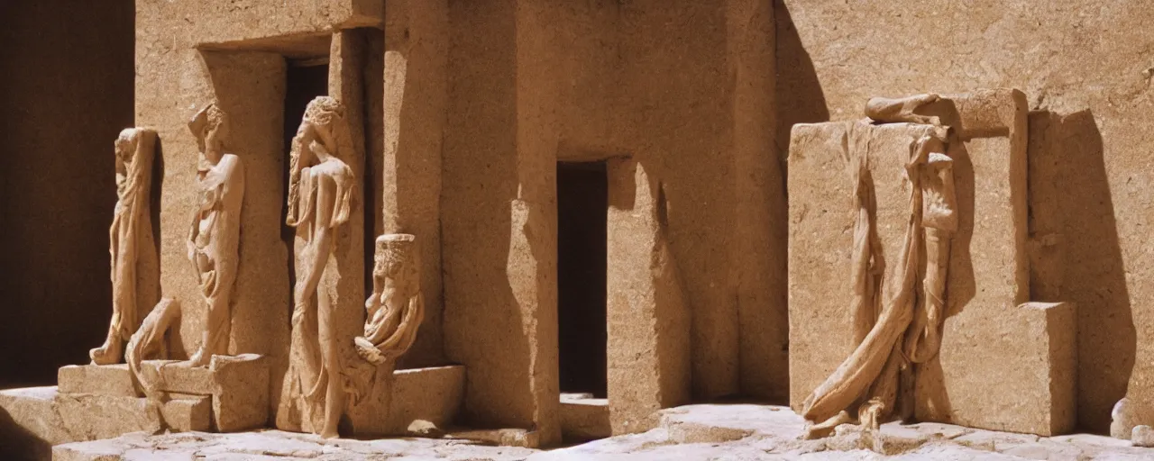 Prompt: an ancient phoenician idols made of spaghetti, polytheism, architectural, minimal, canon 5 0 mm, wes anderson film, kodachrome